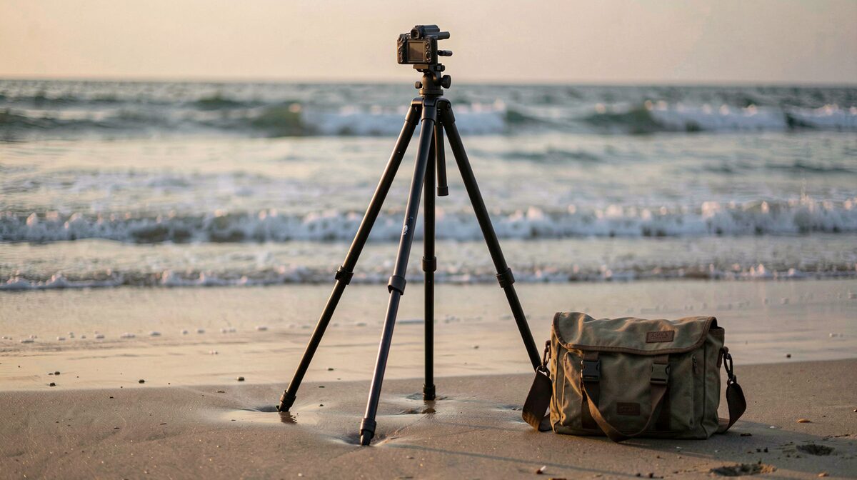 A tripod with splayed legs standing on wet sand at the tideline, low evening light, waves receding in the background, camera bag closed beside it.