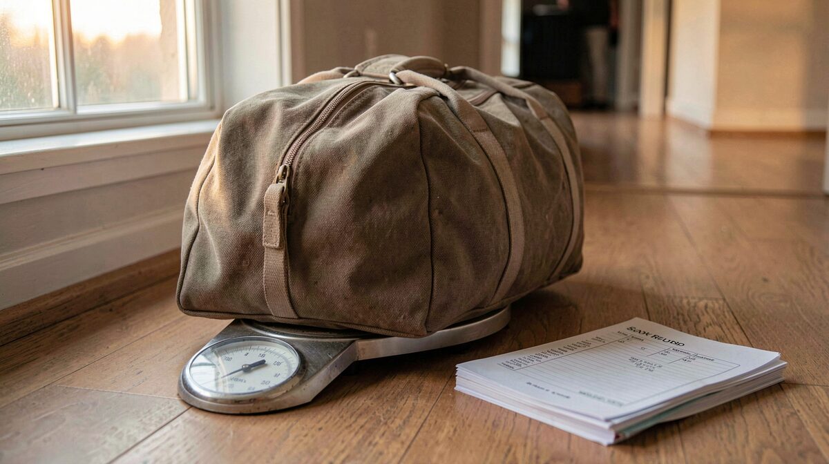 A soft duffel bag on a luggage scale in a hallway at dawn, a folded gear list and a passport beside it, low window light from the left, close framing on the scale dial and the bag handle.
