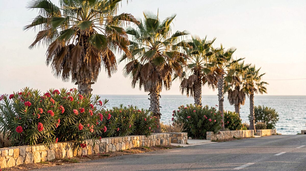 A row of tall Washingtonia fan palms and low oleander bushes along a coastal road in Hisaronu, Fethiye, late afternoon sun from the sea side, brown scorched leaf tips on the windward face, shot from the pavement with the road edge and a stone wall in the foreground.