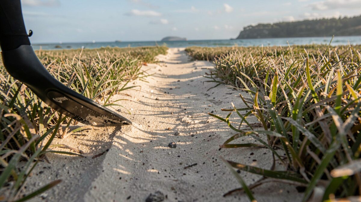 A shallow reef flat at 07:00, low sun raking across a sand channel bordered by seagrass, a diver's fin entering the frame from the left, shot from knee height at the waterline.