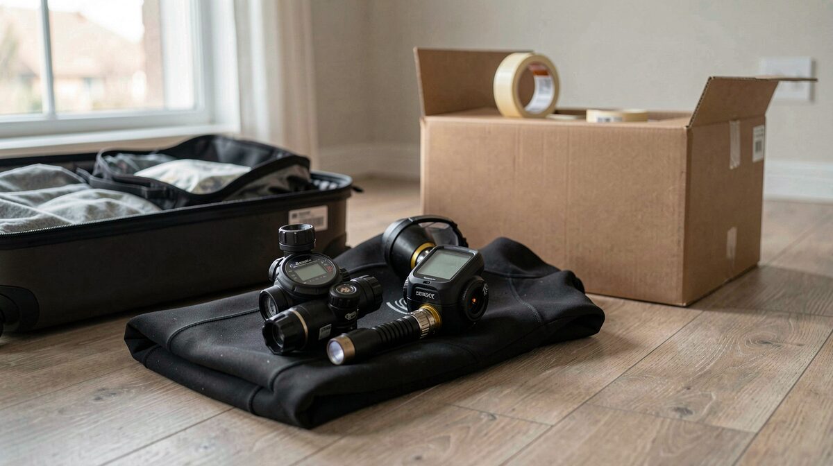 A dive regulator, dive computer and handheld torch laid out on a folded wetsuit on a bare floor, a closed suitcase and a cardboard shipping box behind them, lit from the side by low window light.