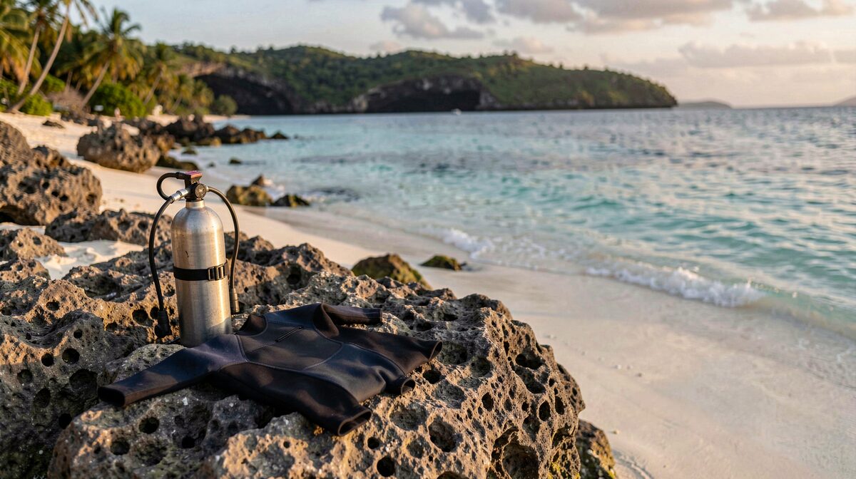 A scuba cylinder and valve standing upright on a pitted volcanic rock beside a folded wetsuit, a white sand beach and a turquoise bay in soft late light behind it.