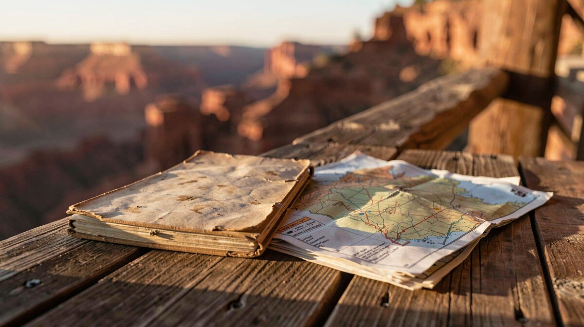A worn field notebook and a folded topographic map lie on a wooden porch rail in late afternoon sun, red canyon country blurred behind.