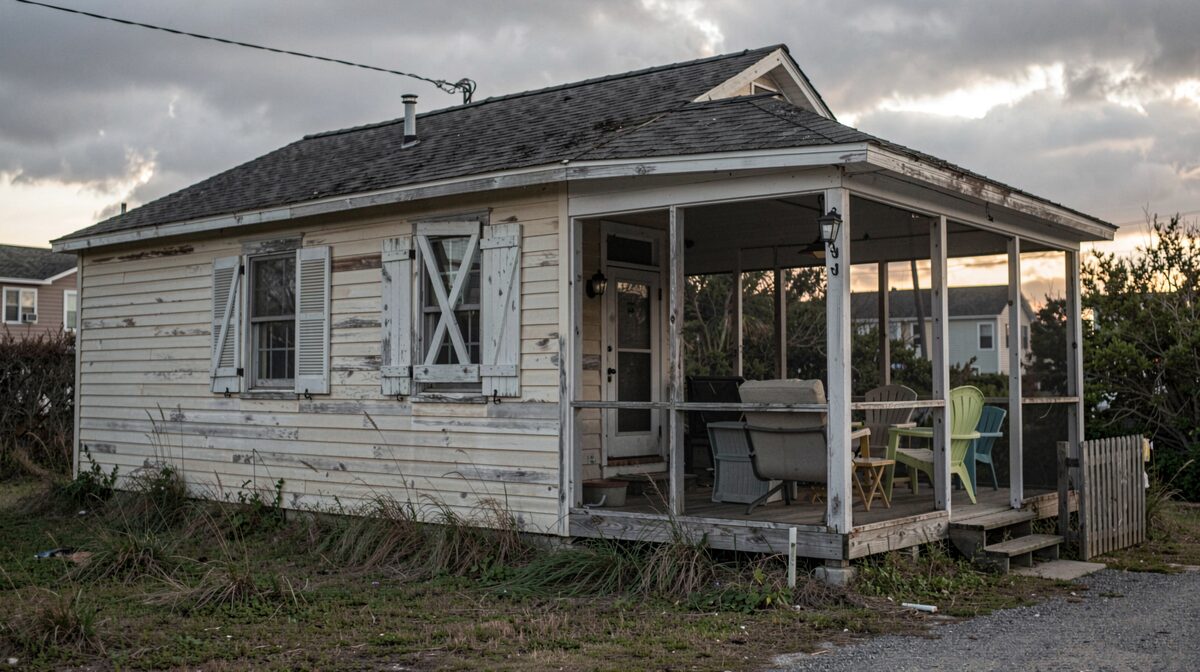 A weathered beach house on a Carteret County street at late afternoon, storm shutters half installed, a taped X on one window, yard furniture stacked inside a screened porch under heavy grey light.